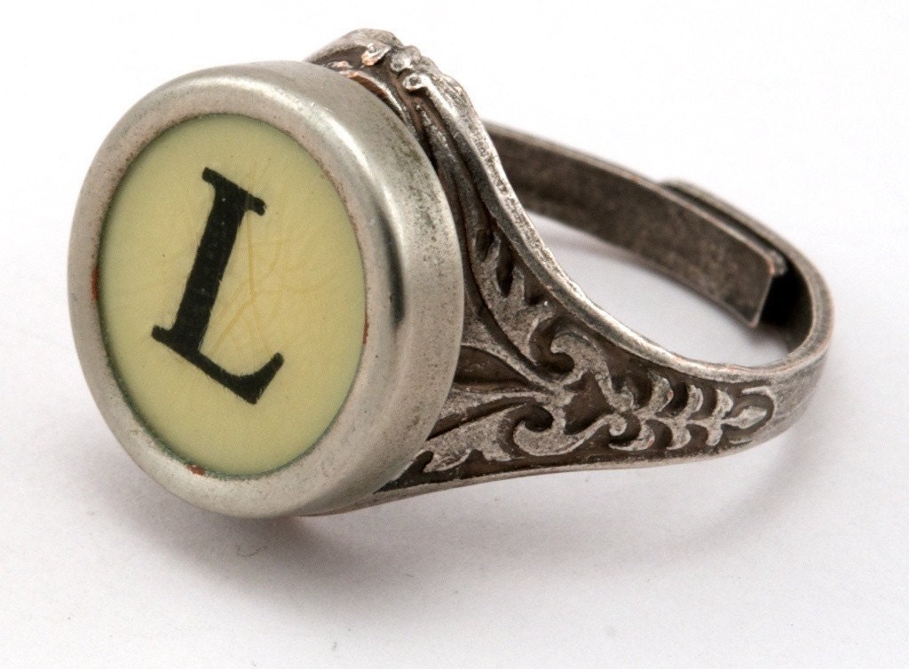 Typewriter Key Ring - Initial Letter L - Vintage Black or White Keys - Fully Adjustable