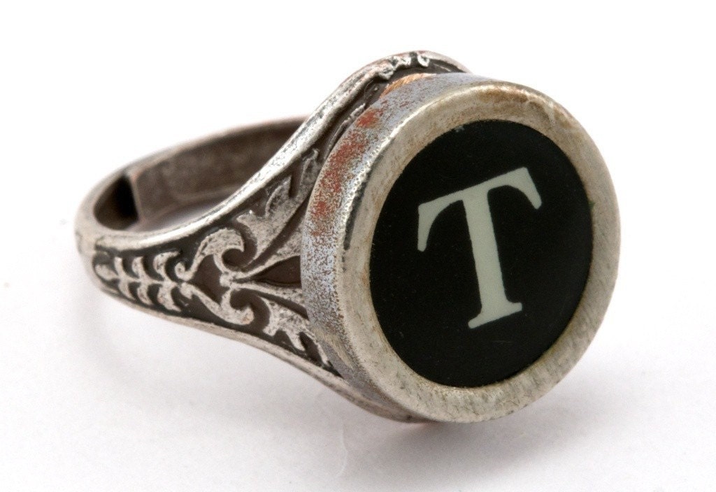 Typewriter Key Ring - Initial Letter T - Vintage Black or White Keys - Fully Adjustable