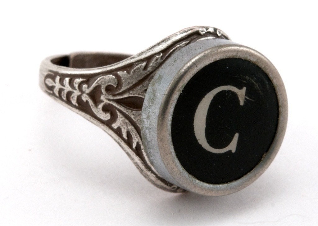 Initial Letter C Antique Typewriter Oak Leaf Ring - Black or White Keys - Fully Adjustable - Jewelry Box