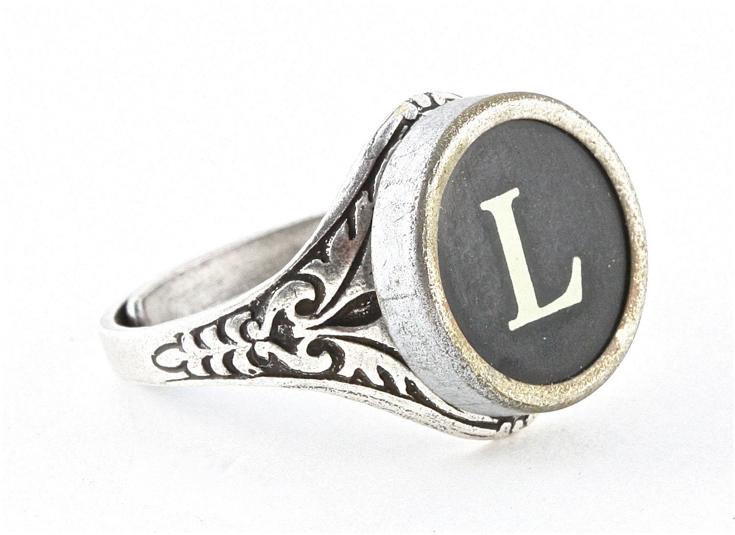 Typewriter Key Ring - Initial Letter L - Vintage Black or White Keys - Fully Adjustable