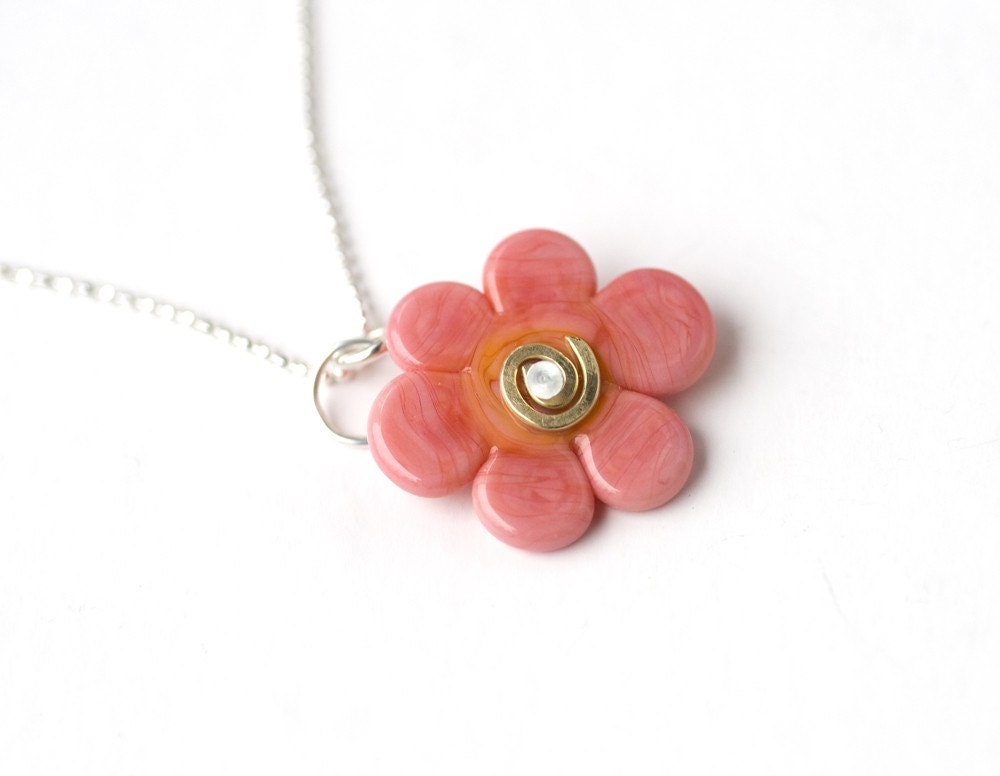 Salmon Pink Flower Disc Lampwork Glass Bead Handmade Pendant made to order