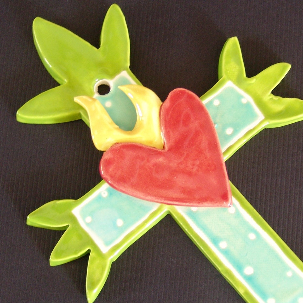 ceramic cross with sacred heart
