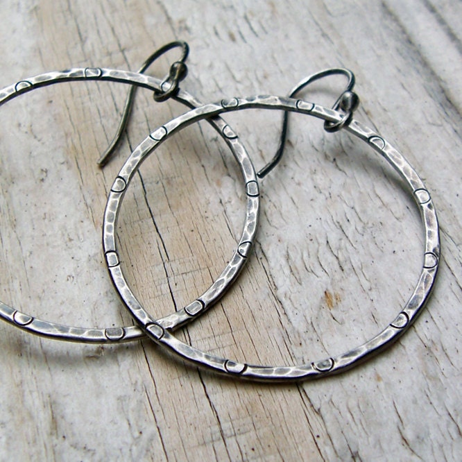 Sterling Silver Hammered Hoop Earrings - Oxidized Gray Rustic Patterned Antiqued - BeadinByTheSea