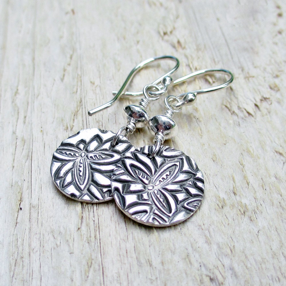 Silver Dangle Earrings - Fine Silver, Sterling Silver, Cherry Blossom Print, Spring, Mothers Day, Floral, Artisan