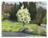 Original Landscape Oil Painting of Spring Green and Apple Blossoms - Blooming Tree