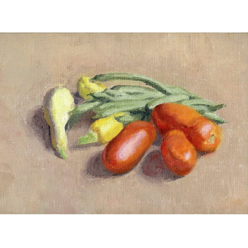 Original Framed Oil Painting - Still Life with Garden Vegetables - Tomatio, green beans, yellow squash Veggies