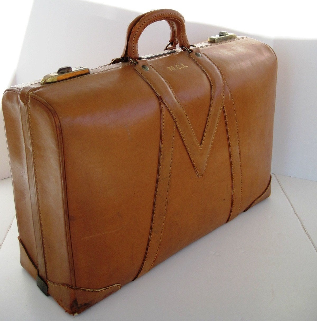 FREE SHIPPING Vintage Leather Luggage, Pristine Inside