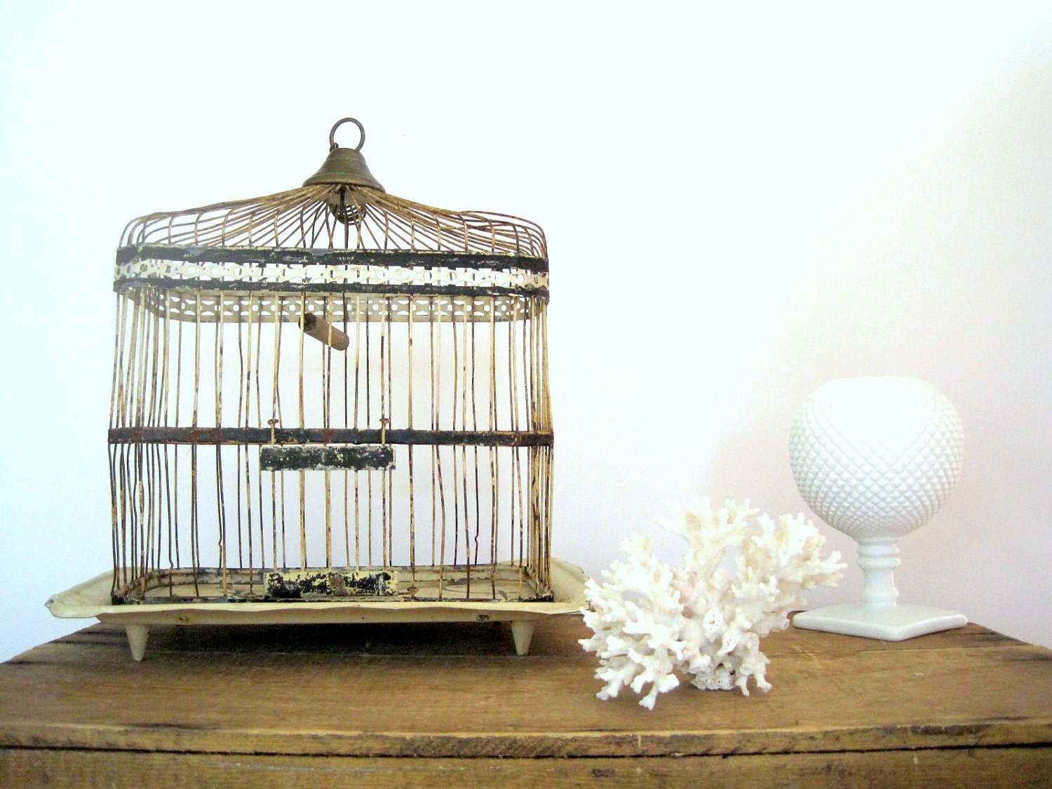 Antique Birdcage Shabby Cream White Patina /Cottage Decor