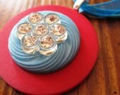 Vintage Button "Look at Me" Red, Aqua and Rhinestone Necklace