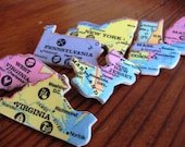 Vintage Wooden Puzzle Piece State Pin, East Coast States