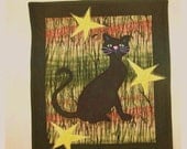 SALE - Black Cat and Stars - Quilted Wall Hanging