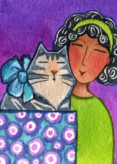 Tabby Cat in a Box...Cat Lady Art...Original ACEO Art Miniature Watercolor Painting