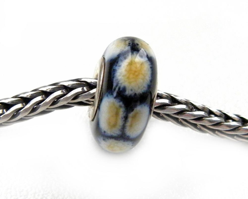 Black Furry Ivory Dot - Bracelet bead with sterling silver core
