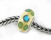 Ivory Turquoise Aqua Dot - Mees and Merel lampwork bracelet slider bead with sterling silver core
