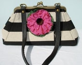SALE....Linen and black awning stripe handbag with removable flower