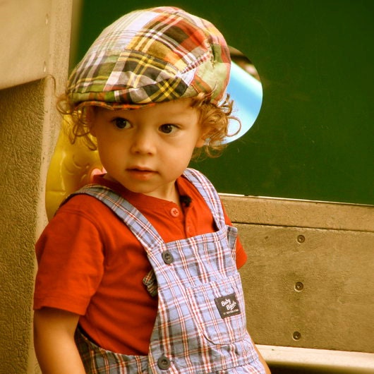 Toddler Organic Flat Cap 12 18 24 Months - Bright Madras Preppy Nautical Style Newsboy Summer Hat