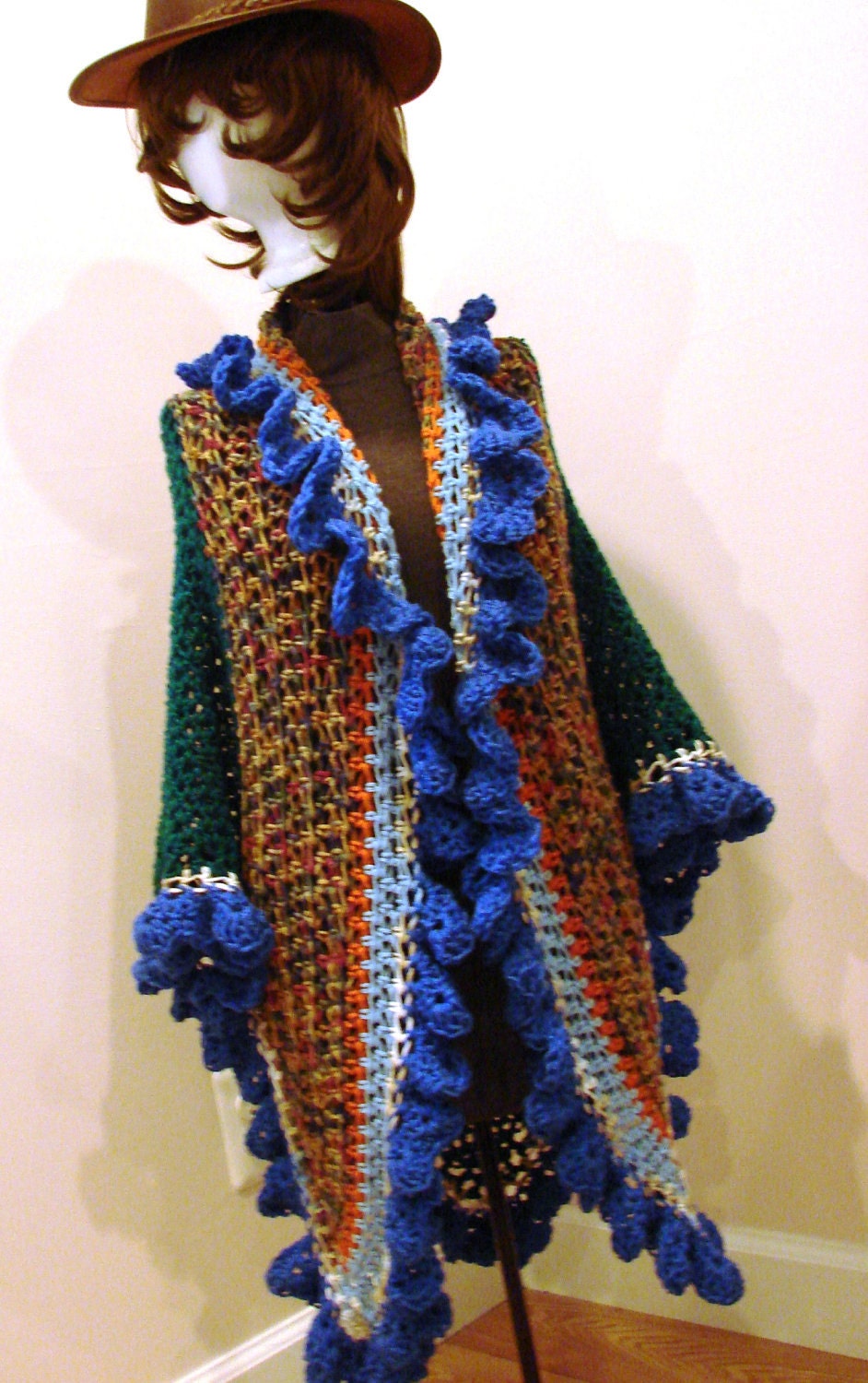 Bohemian Style Wrap Shawl Green with Mix and Blue Ruffle - Adjusts One Size Fits Most - CherokeeDreams