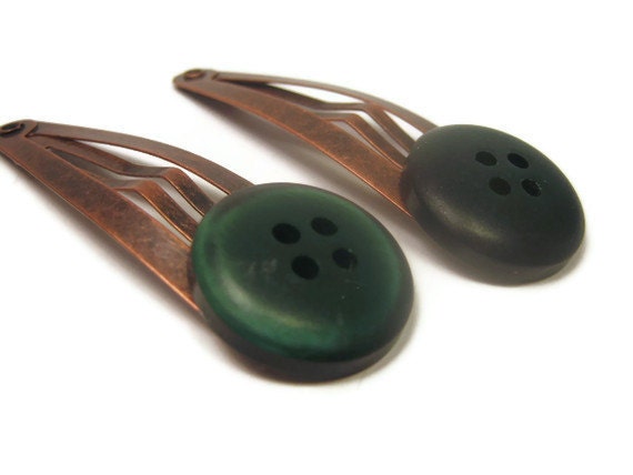 Green Button Barrettes - Ladies Hair Accessories - jade color buttons - fall accessories - Gift for twins