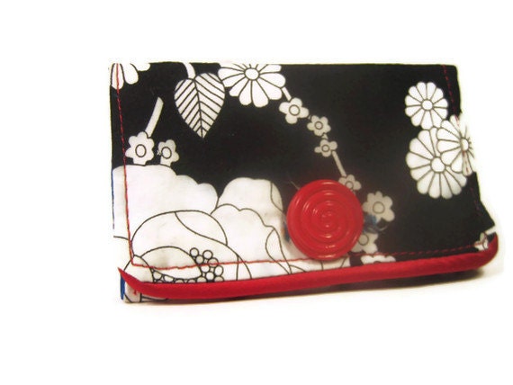 Mini Pouch - Black and White Flower with Red Button - Gift for Niece