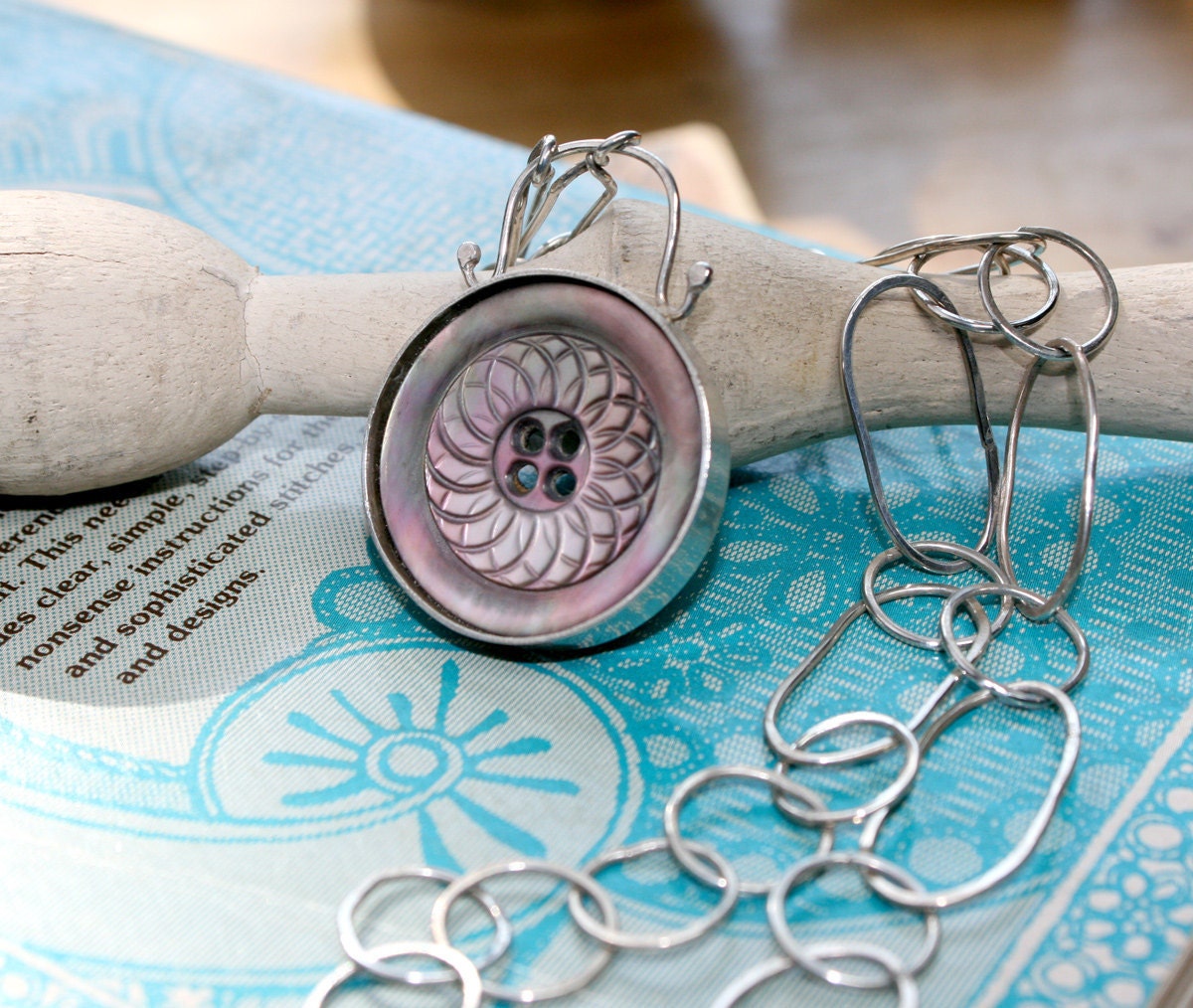 Spirograph Mother of Pearl Button Set in Sterling Silver w Sterling Handmade Chain