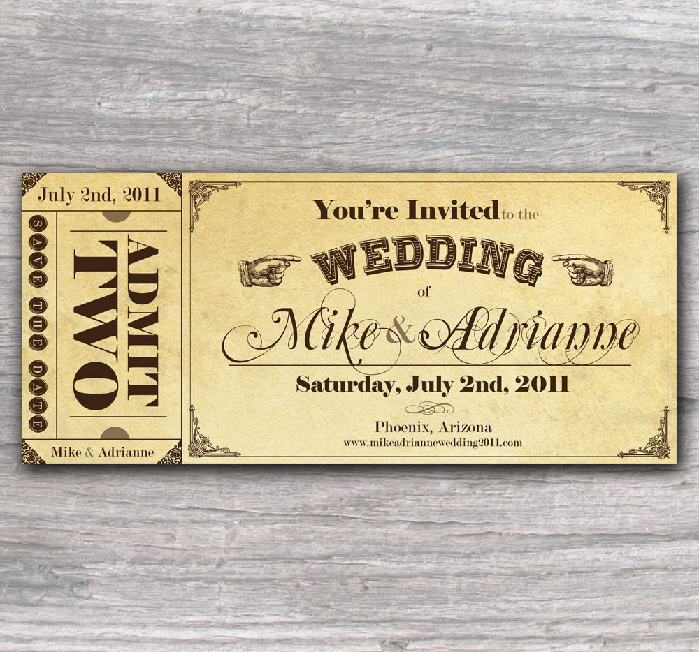 Vintage Ticket Save the Date or Wedding Invitation Set FREE Shipping within the US