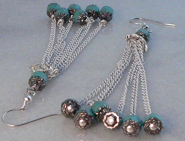 White Chain Tassel Earrings Turquoise Glass Beaded Fringe Jewelry 1185
