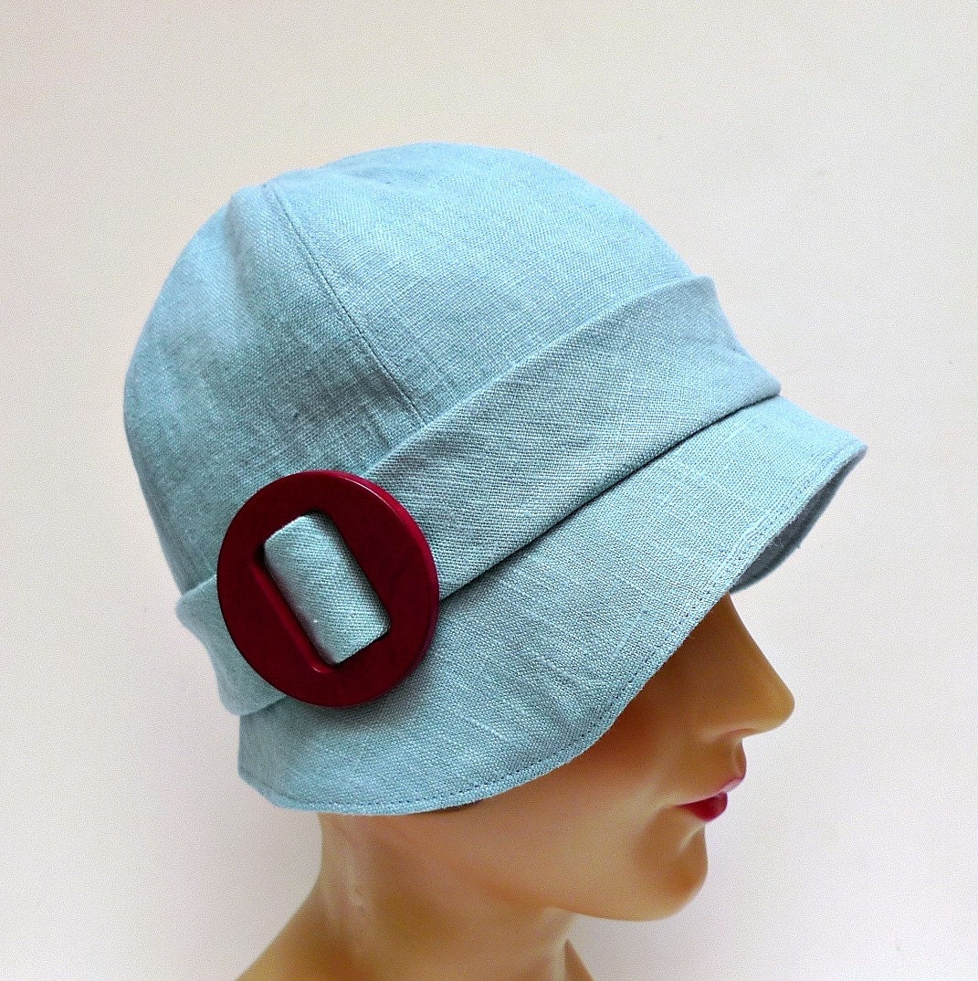 Cloche Hat in Ice  Blue Linen with Dark Red Buckle - Made to Order