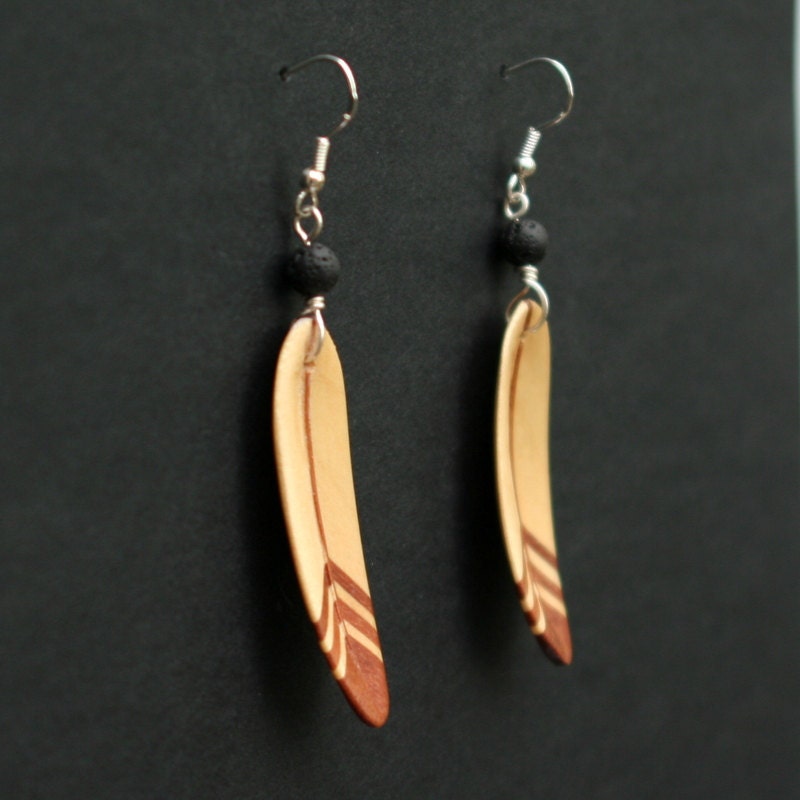 Handcarved Maple and Brazilian Redwood Wood Feather Earrings  J120130A