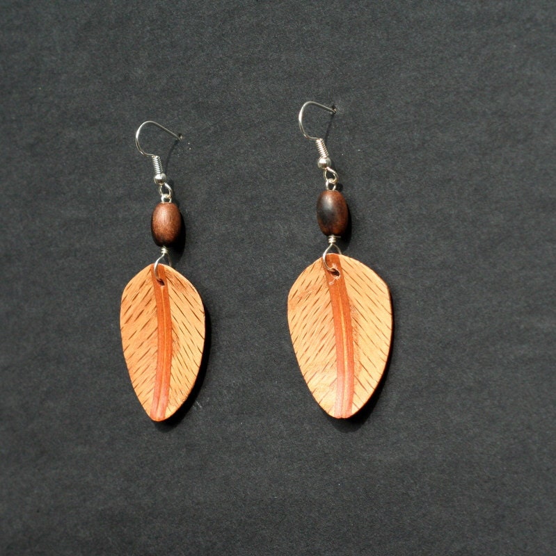 Handcarved Red Oak and Brazilian Redwood  Wood Leaf / Feather Earrings  J120515