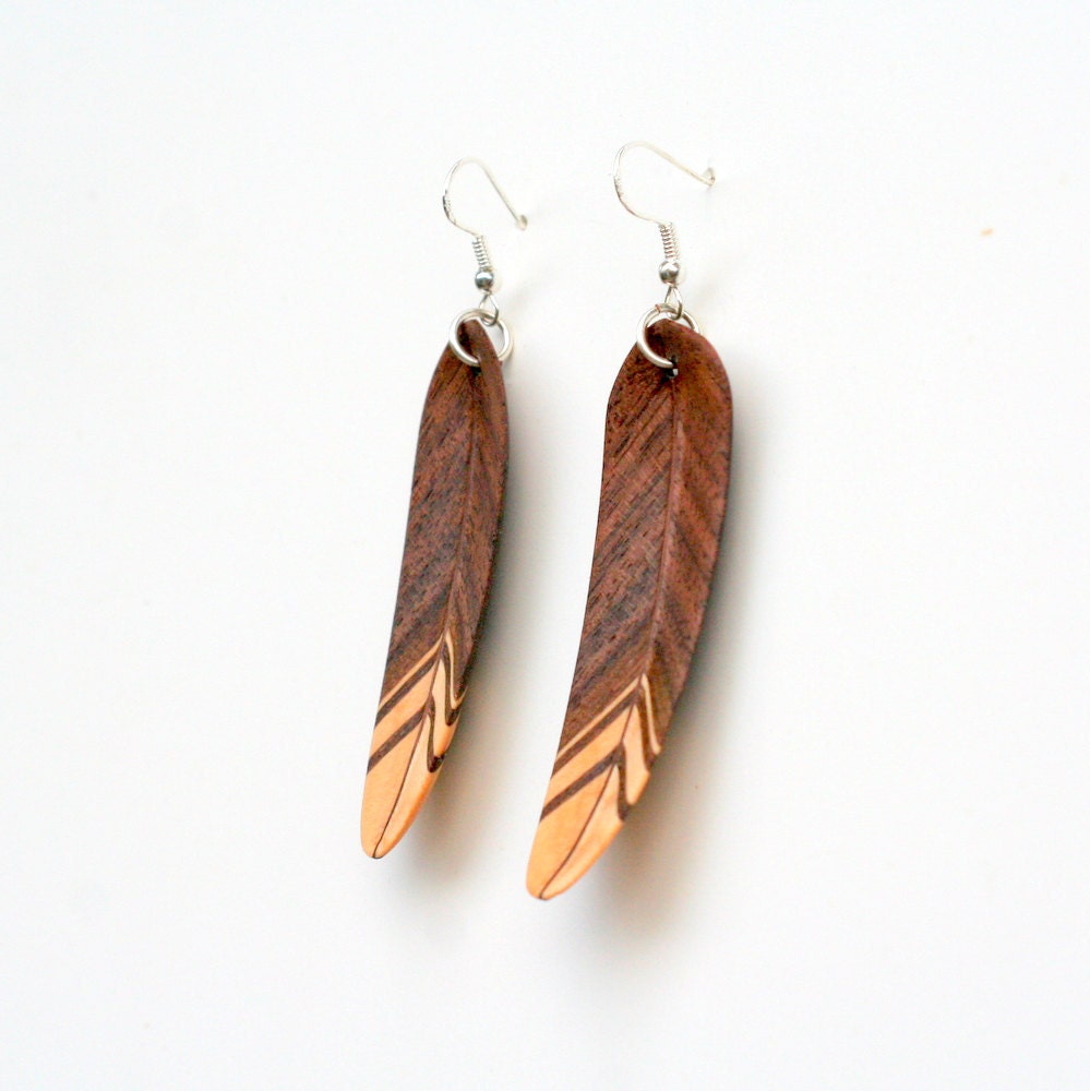 Handcarved Black Walnut and Maple Feather Earrings.