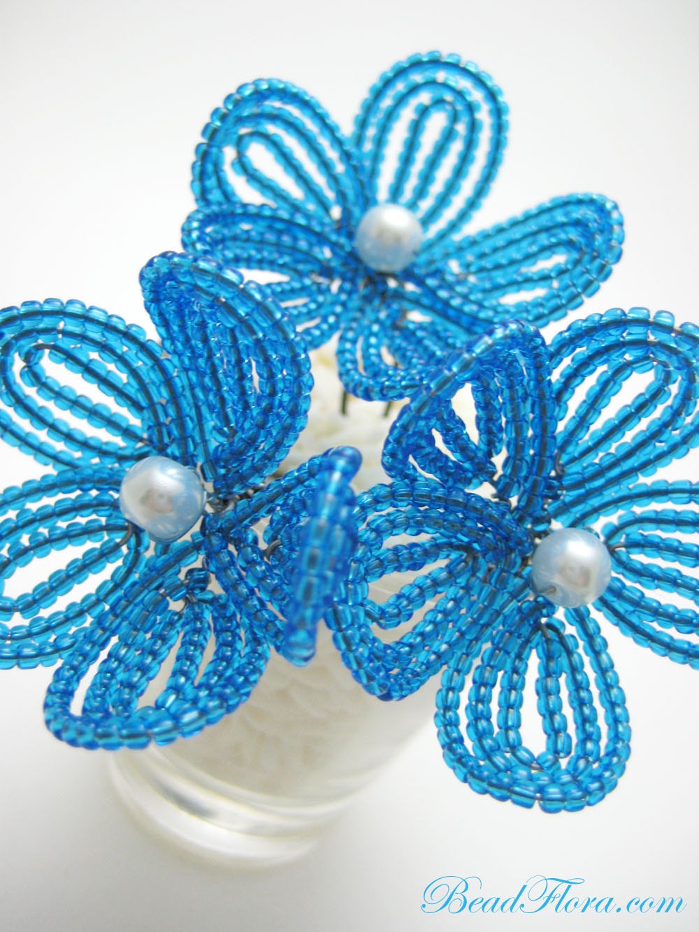 As seen on AOL's Aisle Dash-- hair pins, aqua turquoise blue flower blossom bobbies-  for brides, bridesmaids, flower girls