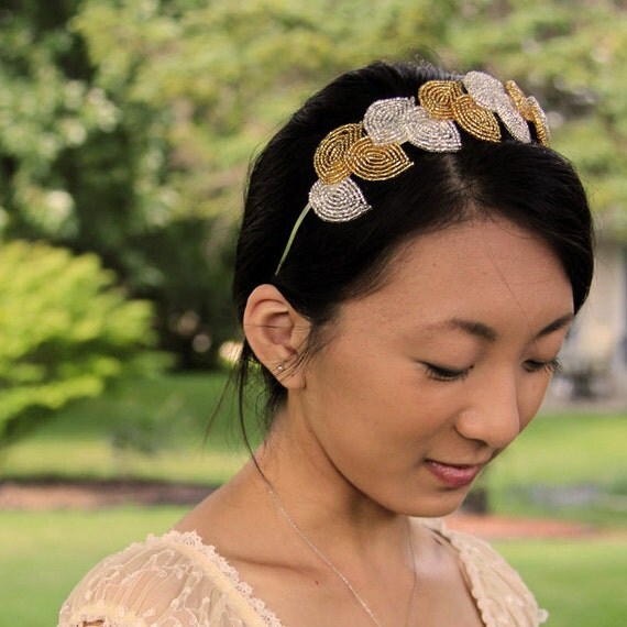 Silver and Gold beaded headband, hairband. gold leaf laurel, Grecian goddess inspired autumn accessories-- member of the artisan group