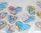 12 Recycled Map Heart Stickers/Seals