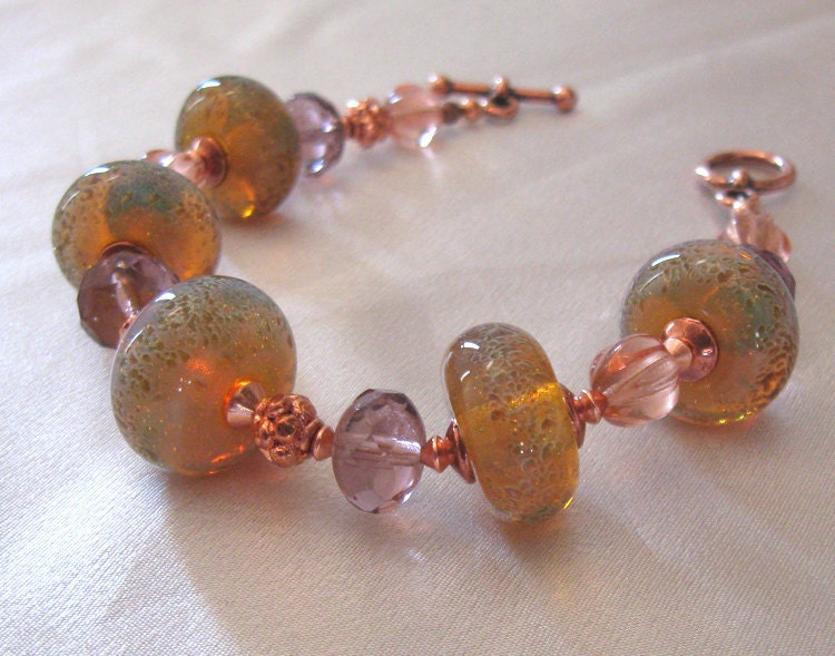 Lampwork Glass Bracelet, Copper and Art Glass Beads, Dawn to Sunset