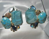 Vintage Rhinestone Azure Earrings Aqua