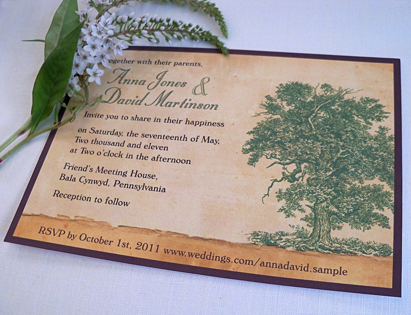 Wedding invitations with green oak tree on eco friendly recycled paper - set of 10