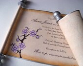 Cherry blossom wedding scroll invitations, vintage inspired rustic wedding,  set of 10