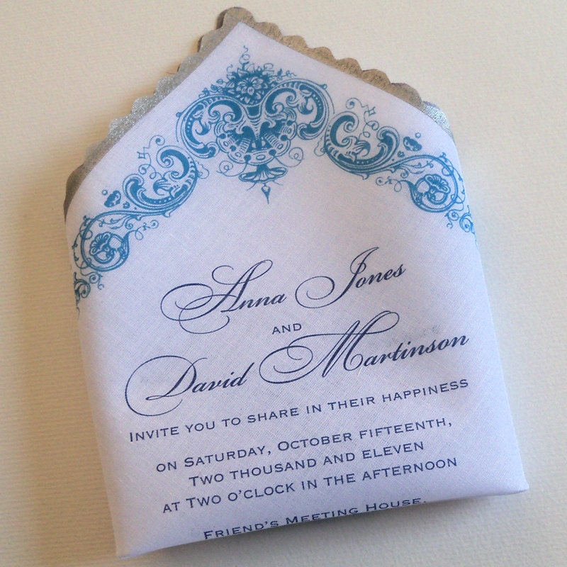 Elegant blue and white wedding invitation handkerchief with antique floral damask and metallic edge  - 10