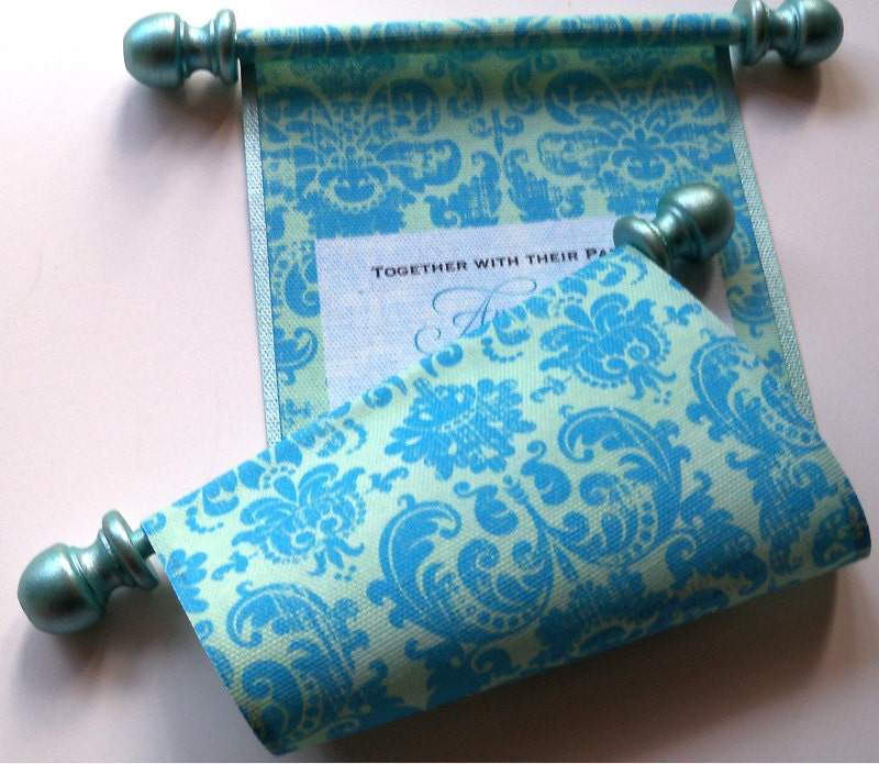 Elegant wedding invitation scroll on damask fabric, set of 10
