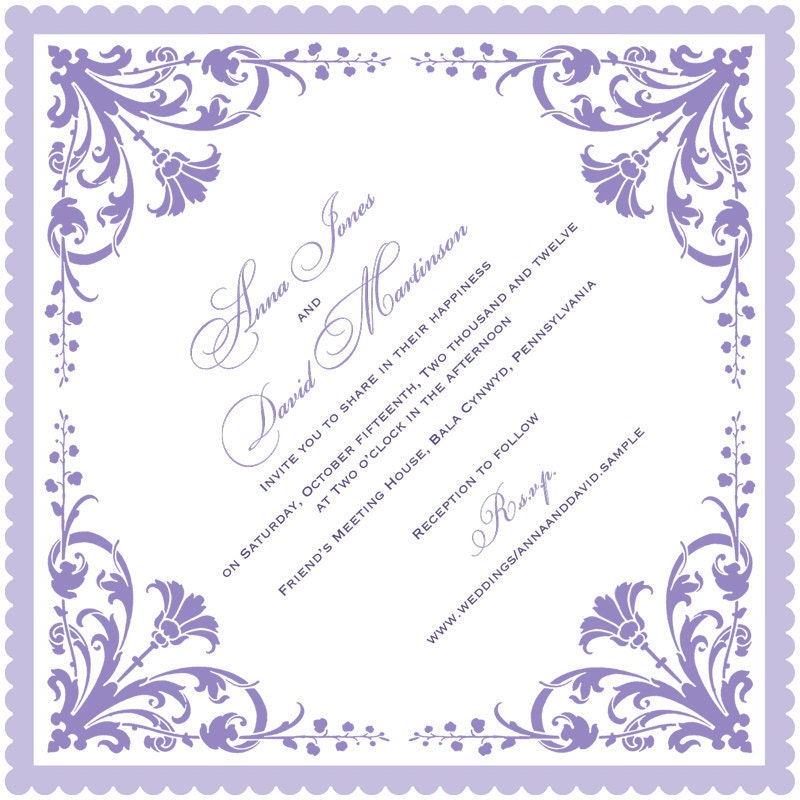 Wedding invitation handkerchief damask flower corner design art deco with metallic edge -10