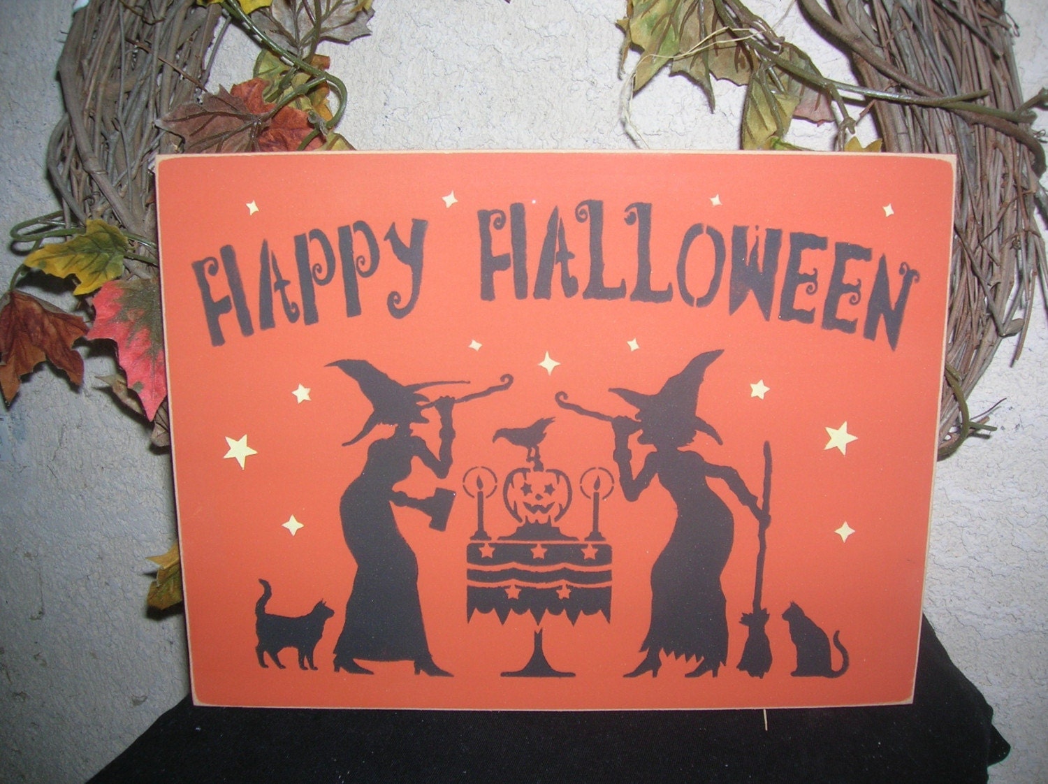 Happy Halloween Sign Witches Black Cat 