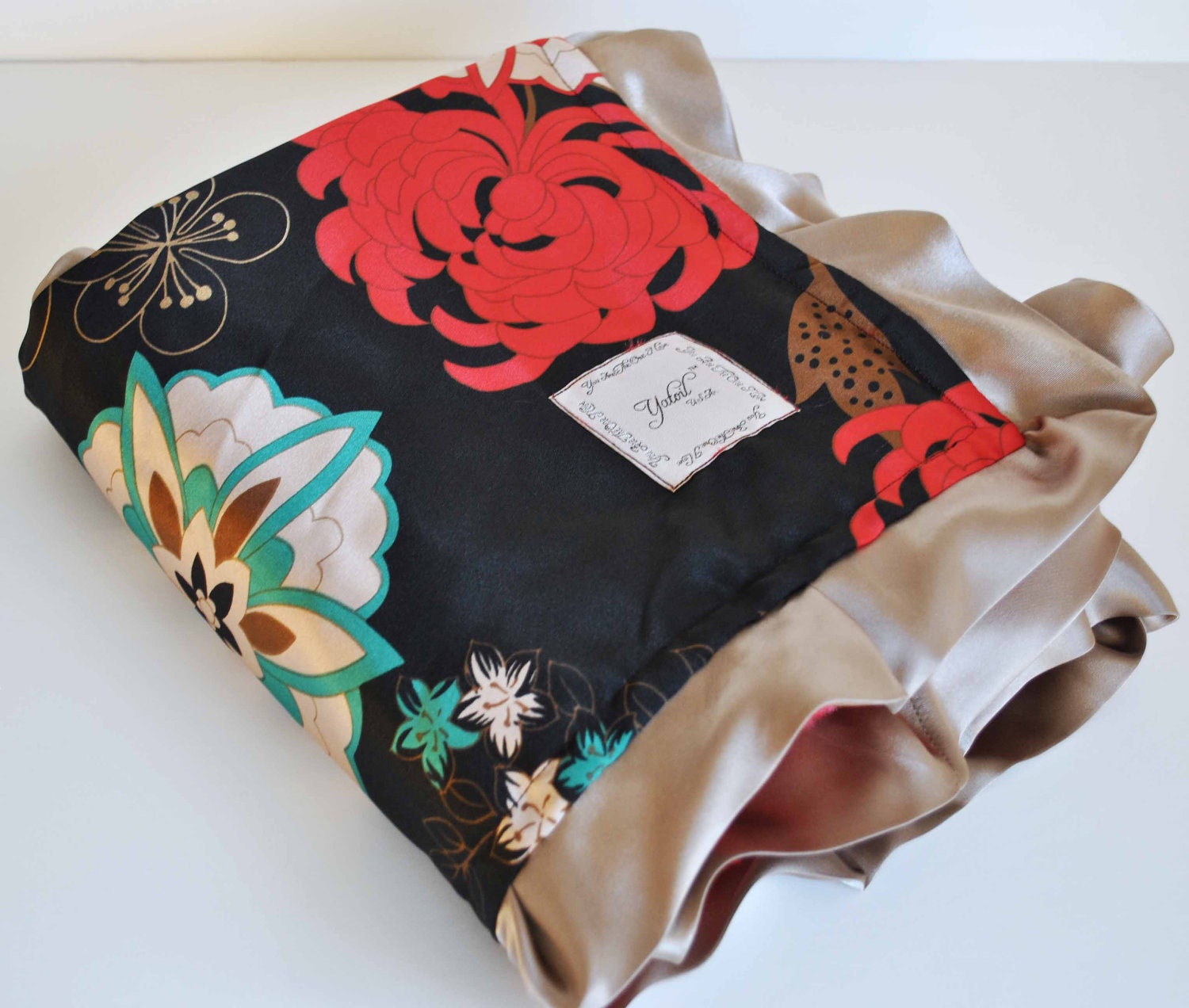 RUBY mini BABY BLANKET .......Bold  and beautiful floral satin print with minky and   trim...........Beautiful Baby blanket