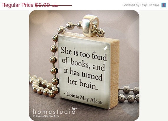 Memorial Day Sale: Alcott (Books) - necklace Charm handmade with Scrabble Wood Tile ... Jewelry Art by HomeStudio