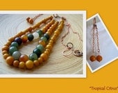 Tropical Citrus Gemstone Long Layered Necklace & Earrings Statement Jewelry Shades of Autumn Stone Copper