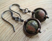 Rustic Unakite Marbled Stone Earrings and Antiqued Copper Orange Mossy Green