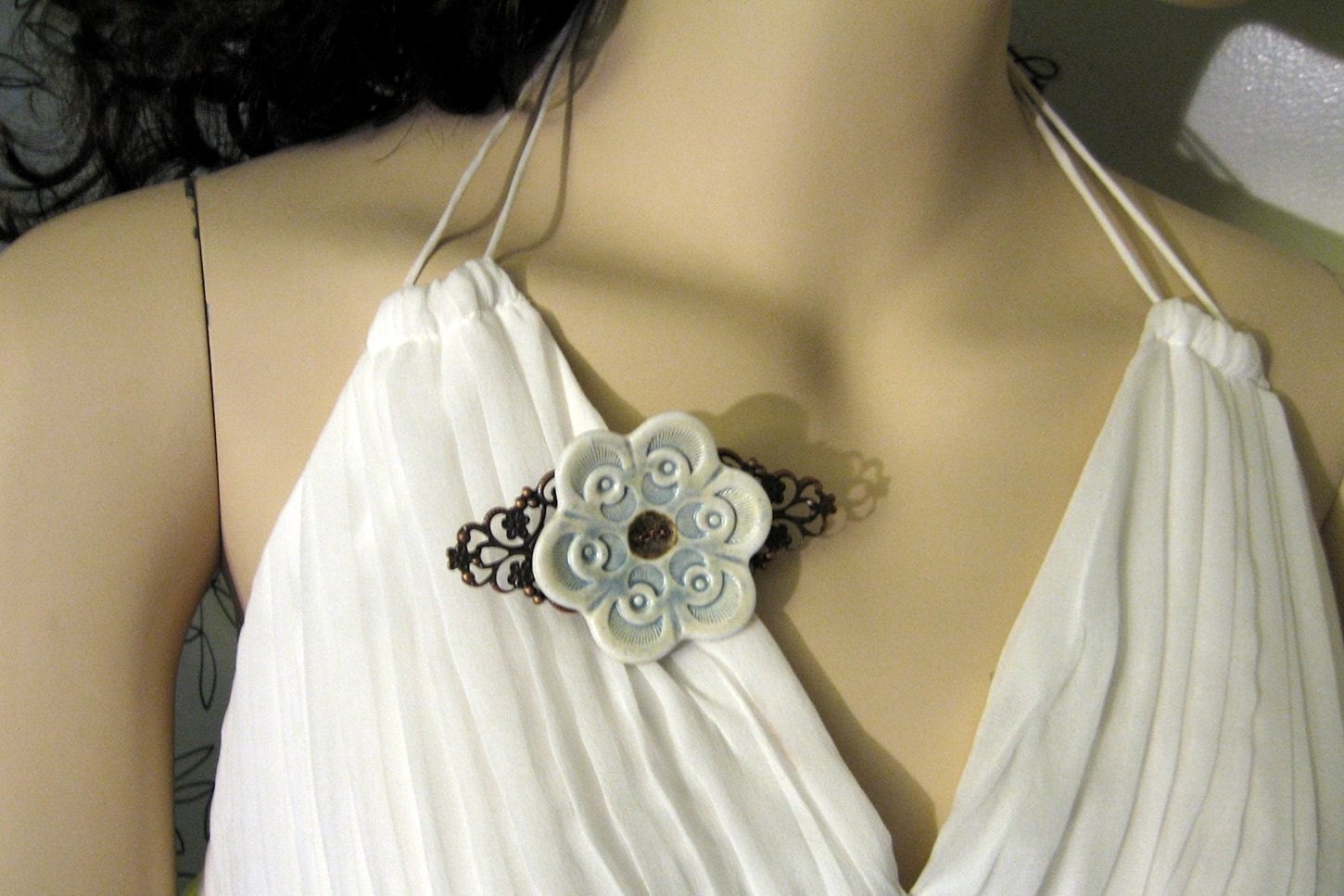 Brooch Porcelain Flower Button and Copper Filigree Green Blue Aqua Spring 2010