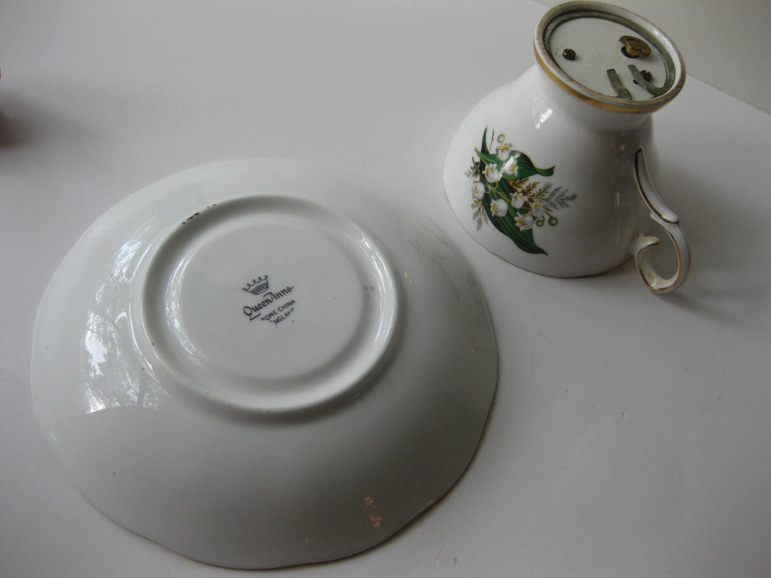 RESERVED FOR MARGO Vintage Queen Anne Musical Lily of the Valley Teacup & Saucer