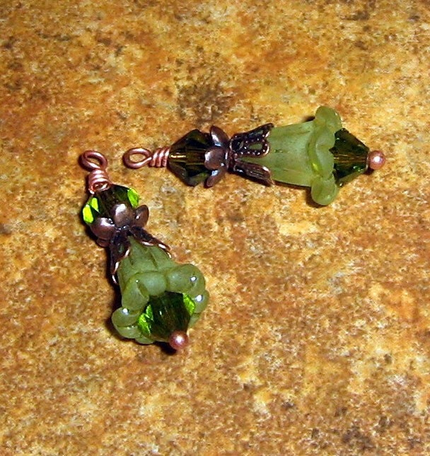 Vintage Style Bead Drop Dangles (c65) - Olive Lucite Flowers, Olivine Swarovski Crystals, and Antiqued Copper