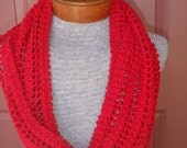 Long, red, cotton cowl/infinity/circle scarf, in lace pattern, for year round wear