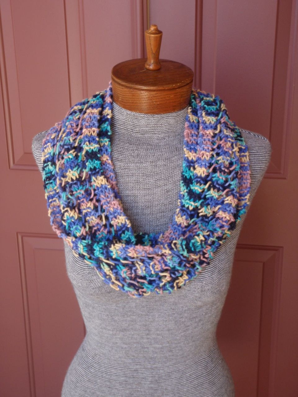 Multi colored, hand knitted, 100% cotton scarf/cowl/infinity for year round wear